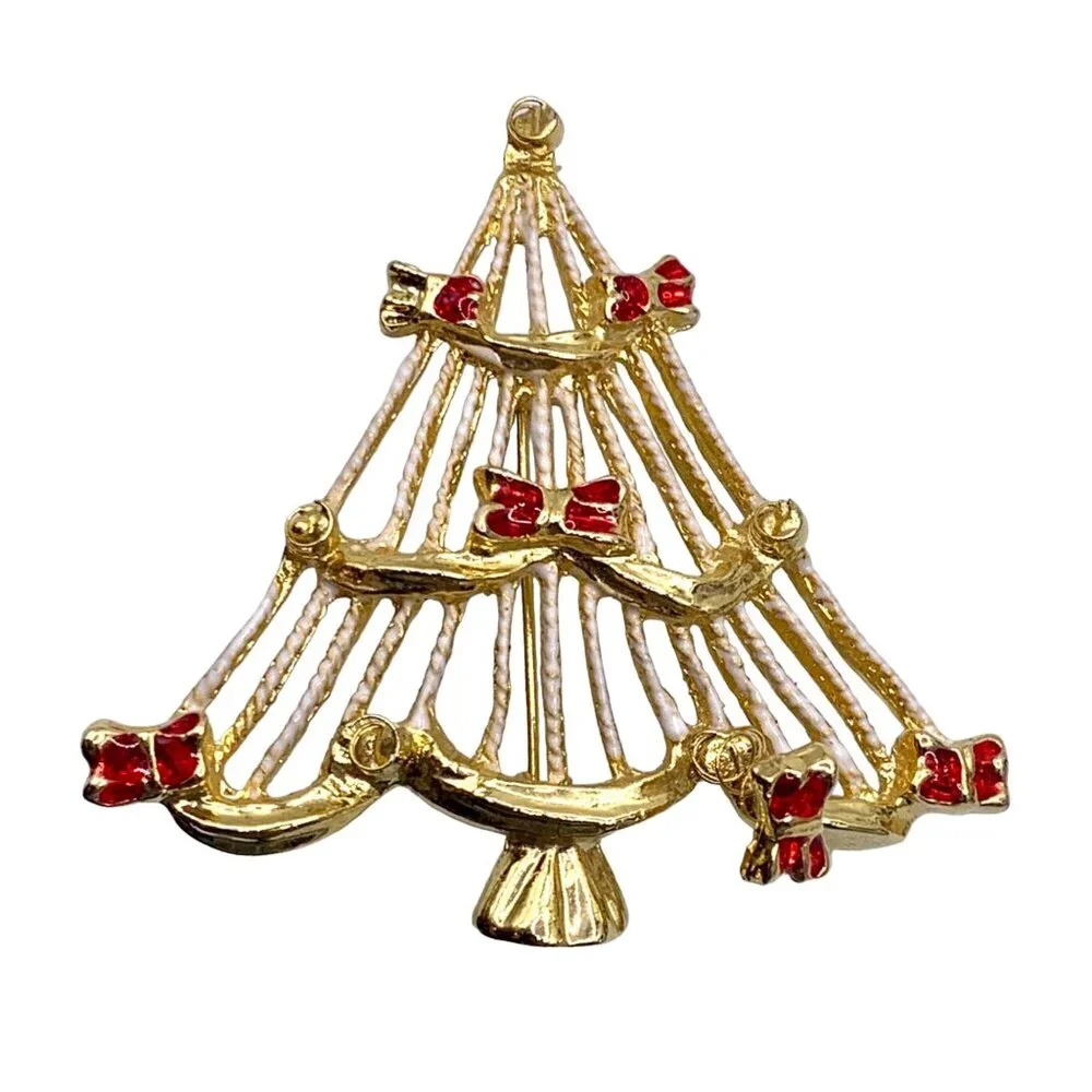 Vintage Gold Tone Enamel Christmas Tree Brooch Pin Spring Red Rhinestone Bows